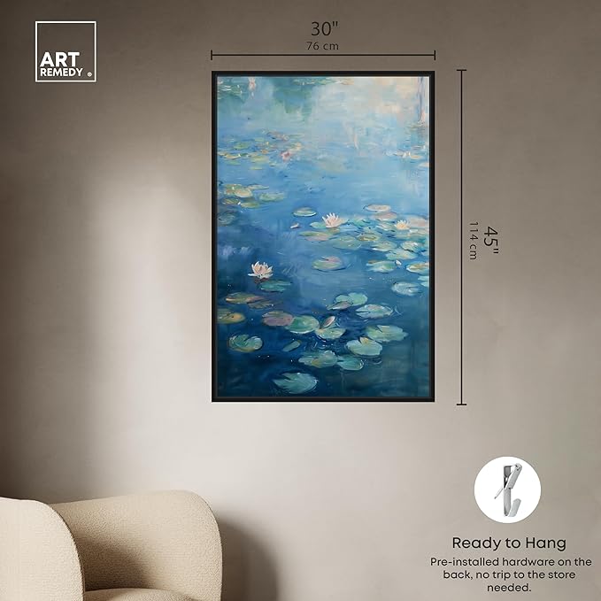 Art Remedy Lilypads In Blues Framed Impressionism 1 Piece Canvas Wall Art/Monet And Van Gogh Inspired Art, 31" x 46", Black Frame