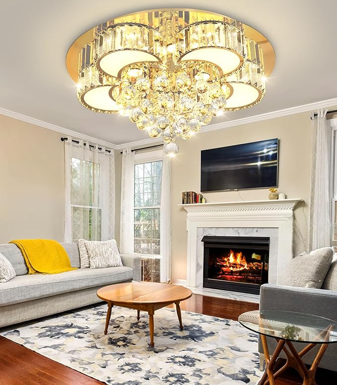 23.6'' Gold Modern Crystal Chandeliers for Dining Room LED Dimmable Light Fixtures Flush Mount Light Living Room Bedrooms