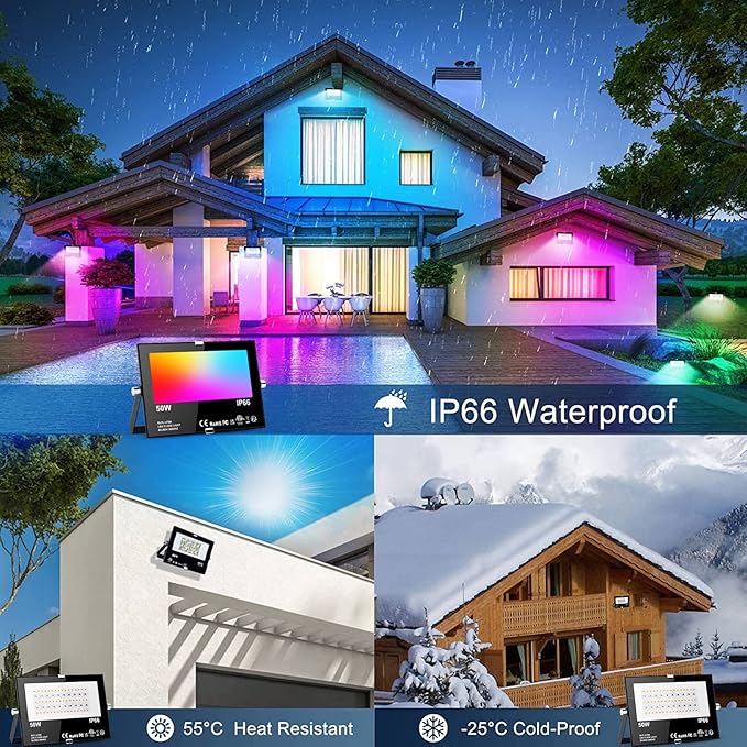 Flood Lights Outdoor RGB with Stake, 500W Equivalent Smart Color Change & Daylight 5700K Landscape Light, IP66 Patio Lights via App Control, Indoor Ambient Lighting, DIY Scenes/Music Sync/Timing-4Pack