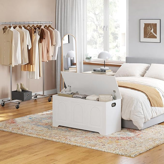 DINZI LVJ Storage Chest, 39.4” Wooden Toy Box with 2 Safety Hinges, Entryway Shoe Bench with Flip-Top, Sturdy Large Storage Trunk for Living Room, Bedroom, Playroom, Easy Assembly, White