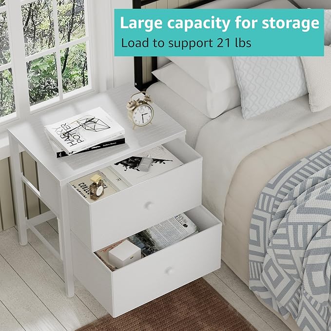 BOLUO White Nightstands Set of 2, Small Night Stand with 2 Fabric Drawer Dresser for Bedroom Dorm Bedside Table Modern