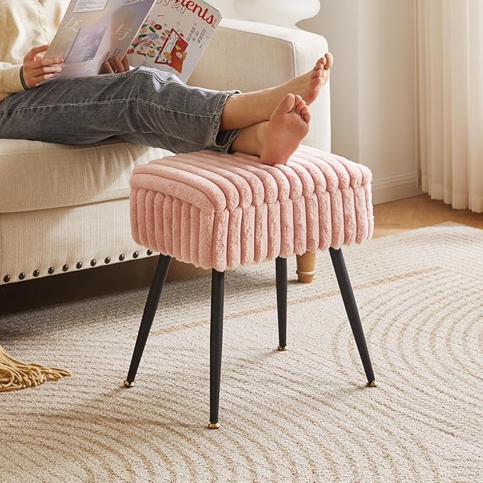 Vanity Stool Chair, Foot Stools Ottoman, Faux Fur Vanity Chair with Black Legs, Vanity Stool for Makeup, Make up Chairs for Vanity, Vanity Small Bench Seat Storage Pink YD-MS151P