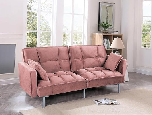 Container Furniture Direct Regal 75.6" Velvet Convertible Sofa Bed - Mid-Century Sleeper Couch w/Tufted Design & Metal Legs - Pull-Out Futon for Guests/Home (75.6" W x 34.6" D x 32" H), Rose