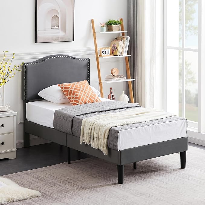 VECELO Twin Bed Frame, Platform Bed Frame with Adjustable Height Upholstered Headboard, Heavy-Duty Frame and Strong Wooden Slats Support, Non-Slip and Noise-Free, Easy Assembly, Dark Grey