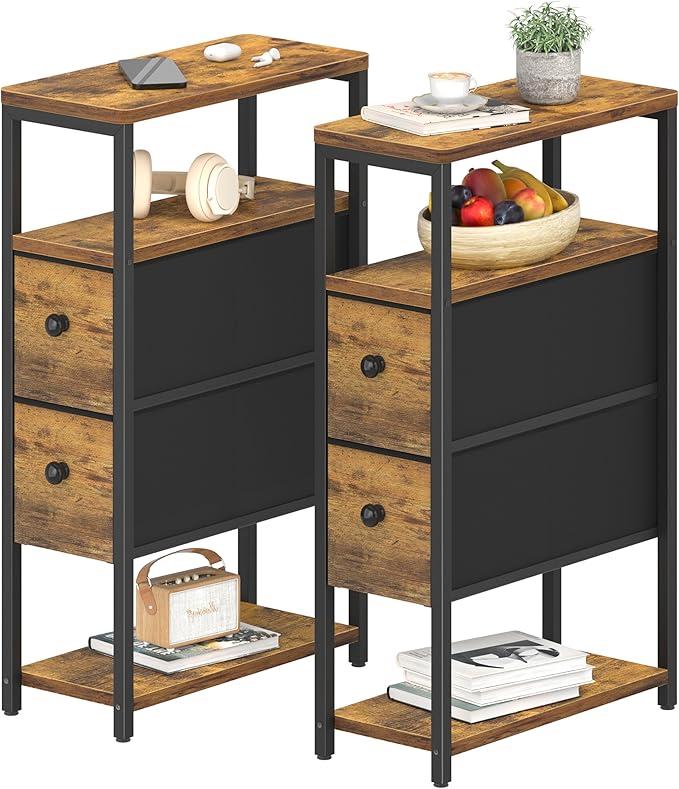 Narrow Nightstands Set 2 - Skinny Side Table Slim Night Stand for Small Space Bedroom Thin Bedsides Tables with 2 Drawers, Farmhouse Brown