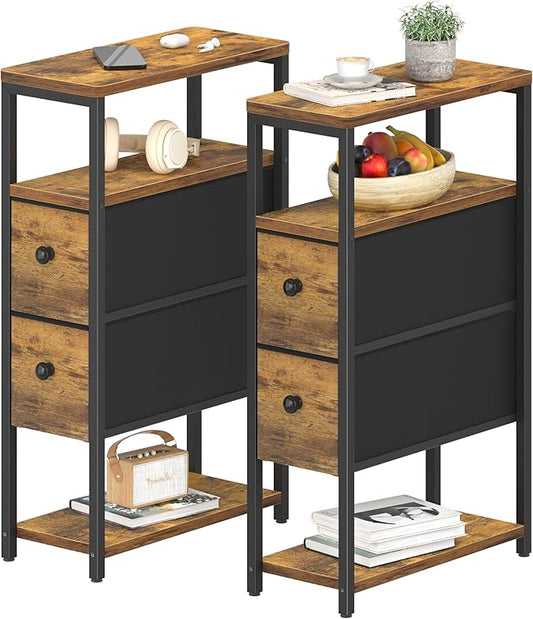 Narrow Nightstands Set 2 - Skinny Side Table Slim Night Stand for Small Space Bedroom Thin Bedsides Tables with 2 Drawers, Farmhouse Brown