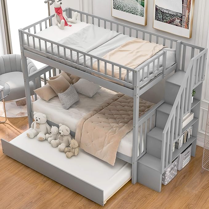 Twin Over Twin Bunk Beds with Staircase and Trundle Bed, No Box Spring Needed for Teens, Boys or Girls