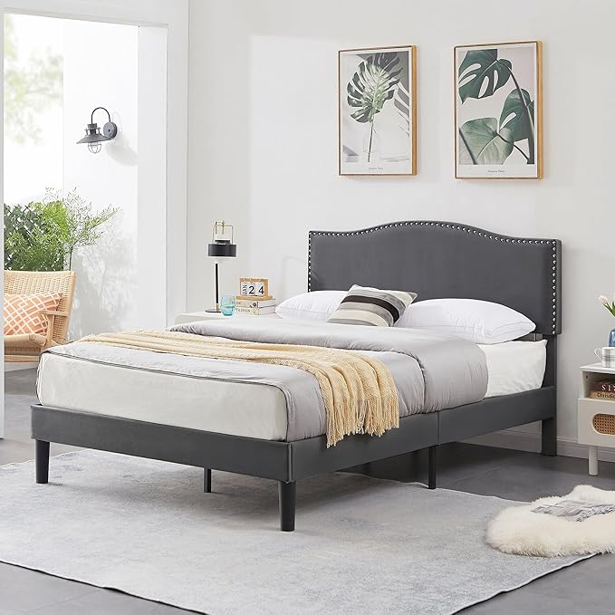 VECELO Queen Bed Frame, Platform Bed Frame with Adjustable Height Upholstered Headboard, Heavy-Duty Frames and Strong Wooden Slats Support, Non-Slip and Noise-Free, Easy Assembly, Dark Grey