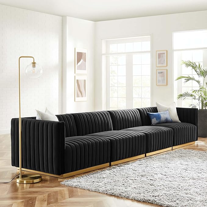 Modway Conjure Channel Tufted Performance Velvet Sectional, 4-Piece Sofa, Gold Black
