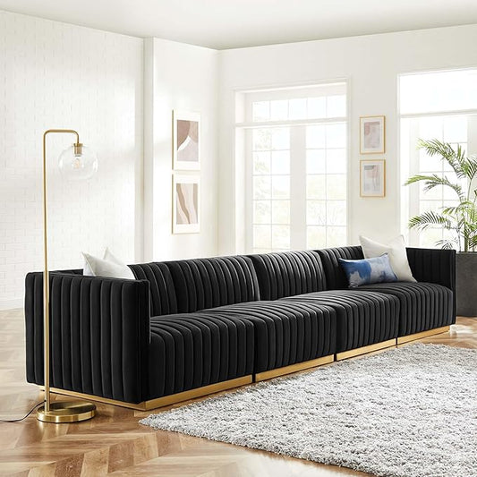 Modway Conjure Channel Tufted Performance Velvet Sectional, 4-Piece Sofa, Gold Black