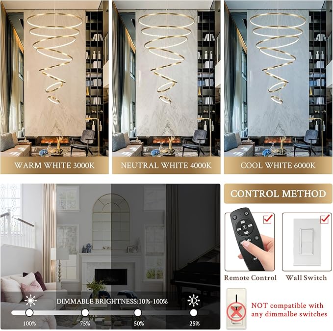 Modern LED Chandeliers 35" Brushed Gold 8-ring Big LED Chandelier for High Ceiling with Remote Control Hanging Height Adjustable Max 98" Long Chandelier for Foyer Living Room Entry Staircase