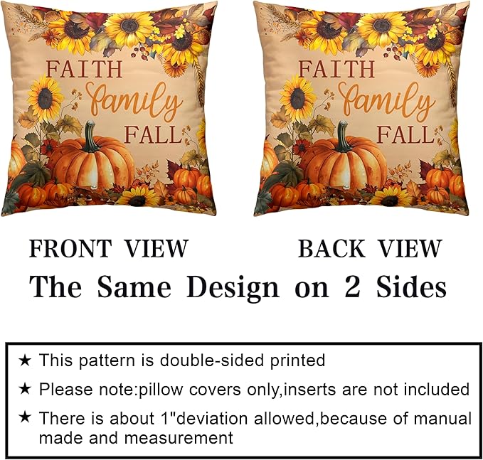 Fall Pillow Covers Pumpkin Sunflower Throw Pillow Covers Autumn Thanksgiving Harvest Pillow Case 22x22 Set of 2 Double Sided Printing Cushion Case for Couch Sofa