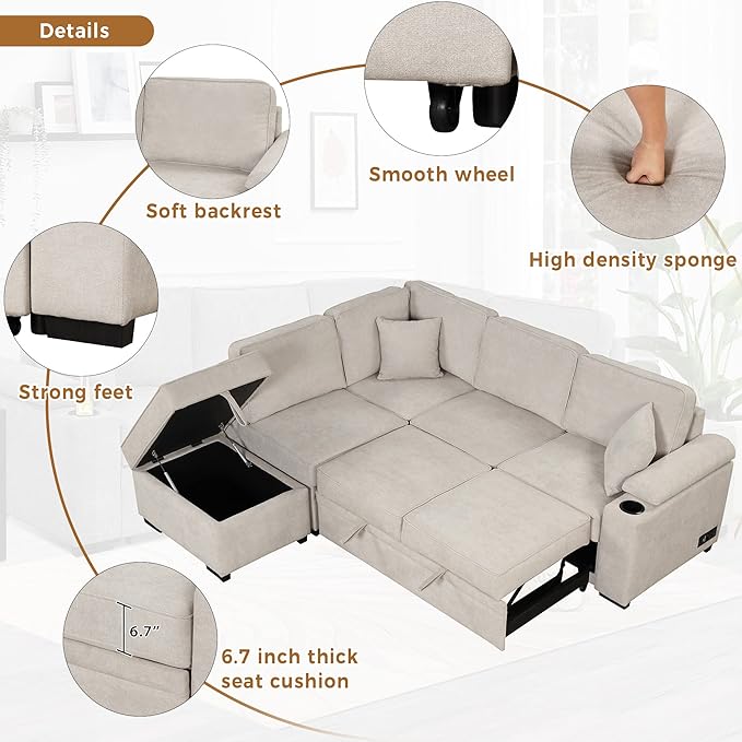 Merax Sofa Bed Sleeper Couch L Shaped Sofa with Storage Ottoman and Cup Holder, L-Shape Sectional Couch with Comfortable backrest and Charging Function for Living Room and Small Apartment (Beige)