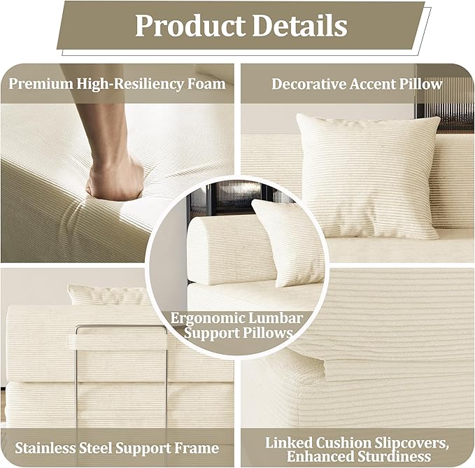 31.5'' Convertible Compressed Corduroy Folding Cloud Sofa Bed Set of 2, 2 Pieces Modern Boneless Pull Out Sleeper Sofa Couch, 3 in 1 Portable Lazy Floor Lounge Chair Set, No Assembly Needed, Beige