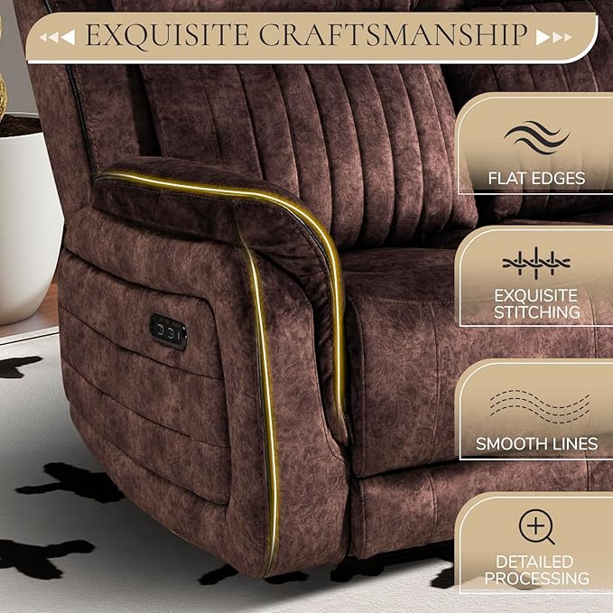 Power Reclining Sofa with Zero Gravity, Adjustable Headrest, Electric Reclining Couch with Wireless Charge, USB/Type-C Ports, Wall Hugger Couches for Living Room (Brown, 3 Seater Sofa)