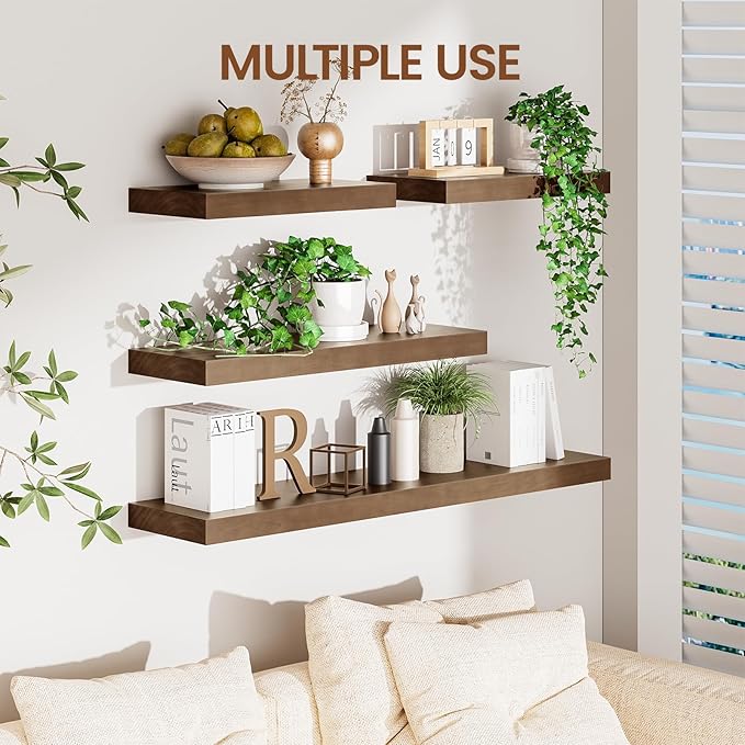 Heimlove 24 Inch Floating Shelves for Wall Walnut Shelves Set of 2,Wall Mounted Rustic Wood 8 Inch Deep Floating Shelf with Invisible Brackets for Bedroom Kitchen Living Room