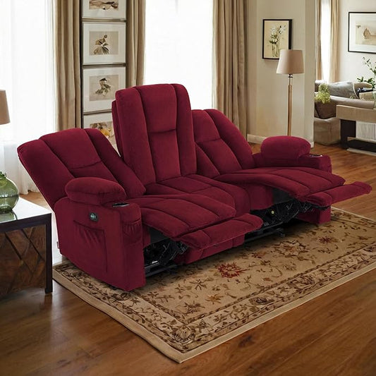 MCombo Zero Gravity 3 Seater Power Reclining Sofa with Heat and Vibration Massage, Recliner Couch for Living Room, Fabric 6035SET (Burgundy, 3 Seater)