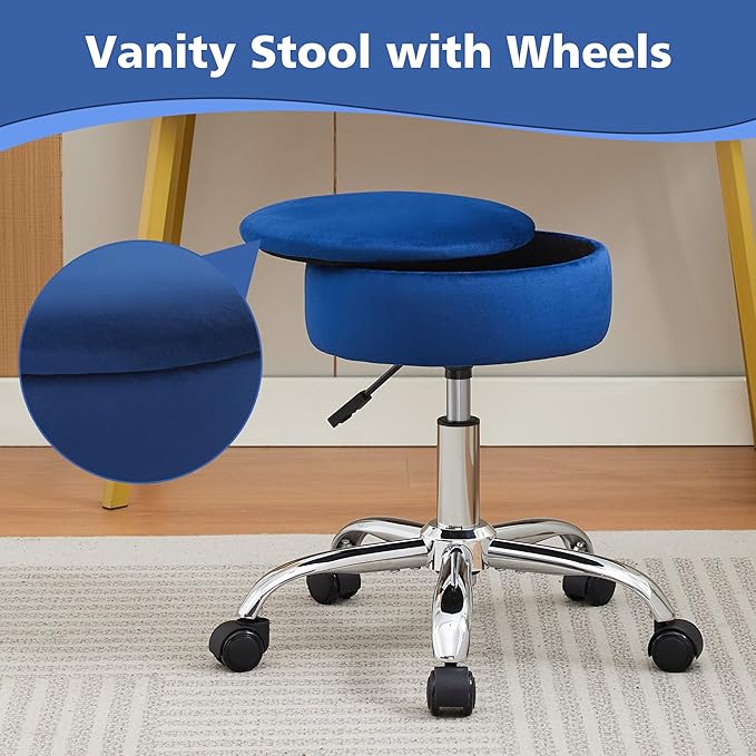 Adjustable Vanity Stool with Storage Rolling Vanity Chair with Wheels Swivel Vanity Stool Chair for Vanity Makeup Stool Blue