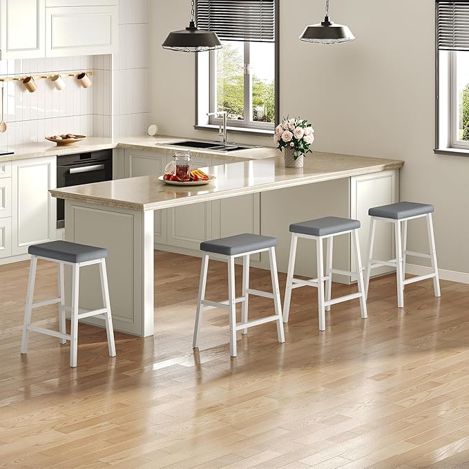 HOOBRO Bar Stools, Set of 2 Bar Chairs, Counter Height Bar Stools, 24 Inch Barstools for Kitchen Counter, PU Upholstered Kitchen Stools, for Kitchen, Bar, Dining Room, White and Gray WG01MD01