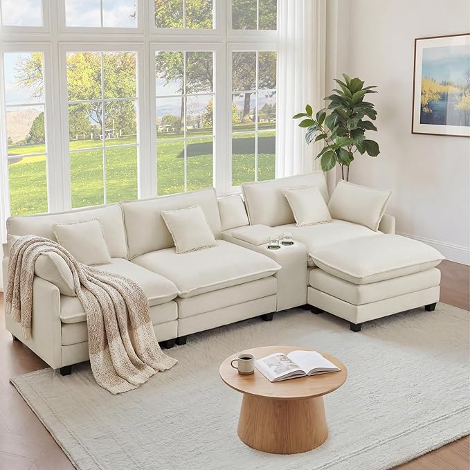122" Oversized Modular Sectional Sofa with Storage Console,L-Shaped Cloud Couch with Movable Ottoman,Deep Seat,Thick Cushions, Multi Functional Console with USB & 2 Cup Holder,Sofa Set for Living Room | Wood Frame