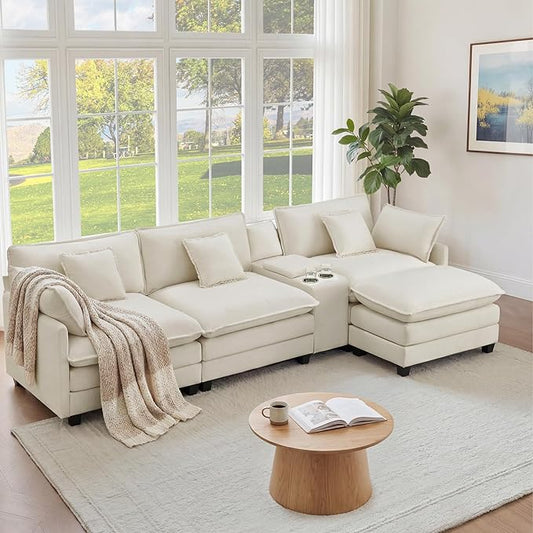 122" Oversized Modular Sectional Sofa with Storage Console,L-Shaped Cloud Couch with Movable Ottoman,Deep Seat,Thick Cushions, Multi Functional Console with USB & 2 Cup Holder,Sofa Set for Living Room | Wood Frame