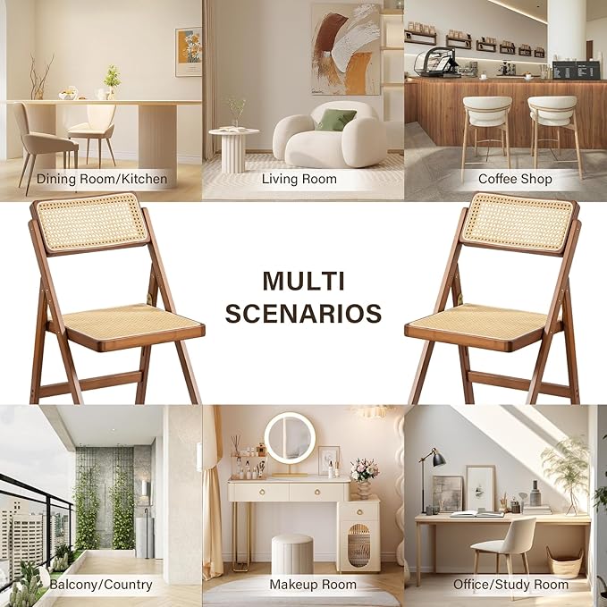 Rattan Folding Chairs, Modern Mid Century Dining Chairs Set of 2, Outdoor Bamboo Chairs for Bedroom Living Room Reading Room Dining Kitchen, Walnut
