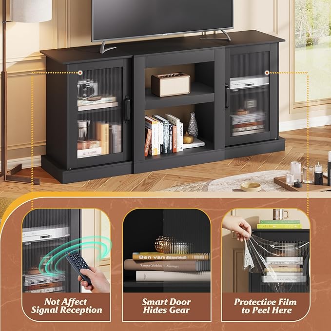 WLIVE Farmhouse TV Stand for 65 inch TV, 58" Entertainment Center with Storage Cabinets, Open Shelves TV Console for Living Room and Bedroom, Black