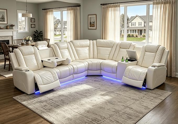 Power Recliner Sectional Sofa with LED Lights & Reading Lamps, Breathing Leather Corner Couch with USB Charging, Storage Console & Cup Holders in Every Armrest, Home Theater Seating for Living Room