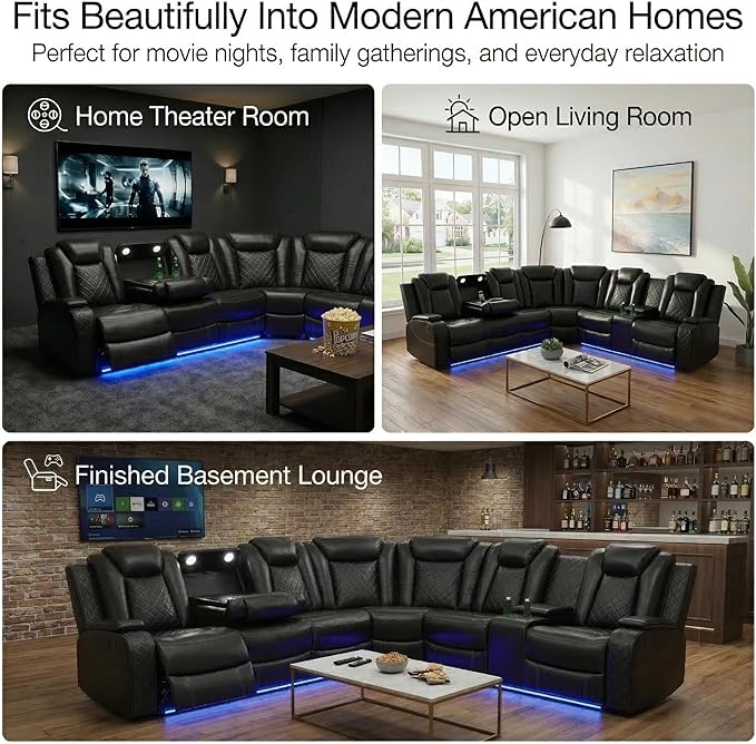 Power Reclining Curved Sectional Sofa for Living Room, Black Leather Home Theater Recliner Couch with LED Lights, Wireless Charging, Cup Holders & Storage Console