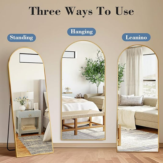 DUMOS Arched Full Length Mirror with Stand Floor Free Standing Aluminum Frame for Bedroom Body Hanging Leaning Modern Simple Home Decor Shatter-proorf Nano Glass Wall Gold 58"x19"