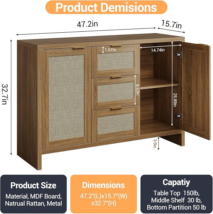 Modern Rattan Buffet Cabinet Sideboard with Storage,47" Boho Credenza Buffet Console Table with Drawers&Doors,Wooden Coffee Bar Cabinet for Entryway/Living Room/Farmhouse(Natural Oak,1pc)