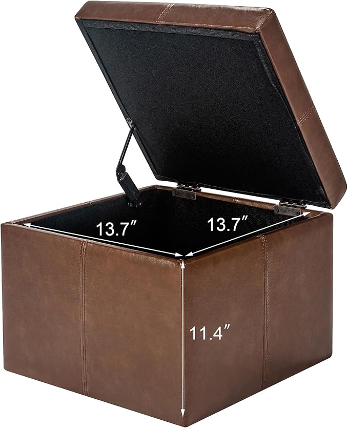 Adeco Faux Leather Storage Ottoman Bench for Living Room & Bedroom, Coffee Brown Cube Footrest Stool with Hidden Storage, Modern Accent Furniture, 17.3 Inch, Sturdy & Comfortable Seating