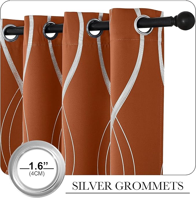 NICETOWN Burnt Orange Blackout Curtains for Living Room 84 inch Long 2 Panels, 52x84, Easy Care Solid Thermal Insulated Wave Line Foil Printed Grommet Room Darkening Drapes for Bedroom Decoration