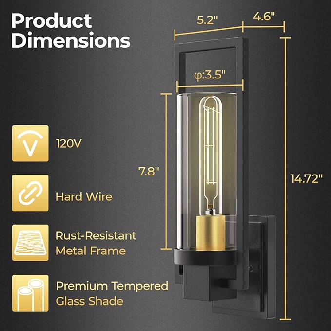 CINOTON Black and Gold Wall Sconces Set of 2, 15" Matte Black Wall Mounted Lamp, Hardwired AC 120V Wall Sconces Vintage Vanity Light Fixtures with Clear Glass, Wall Lights for Living Room, Bedroom