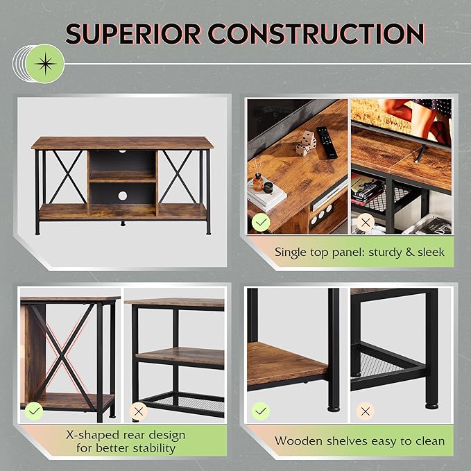 WLIVE Industrial TV Stand for up to 45 inch TV, Heavy-Duty Metal Frame Entertainment Center, Compact Media Console with Adjustable Shelf & Cable Management for Small Spaces, Living Room, Rustic Brown