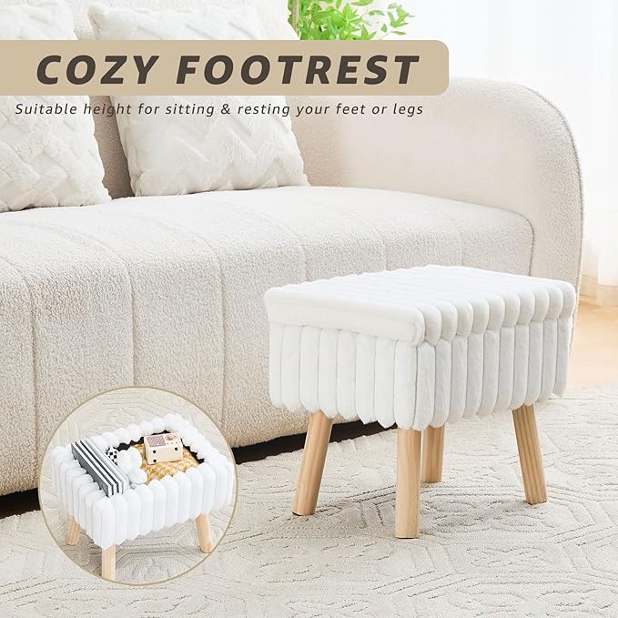 Wimarsbon Storage Ottoman,Soft Faux Fur Footstool with Padded Seat, Small Reading Vanity Chair, Footrest with Wood Tray for Couch, Mini Coffee Table or Display Stand (Cream)