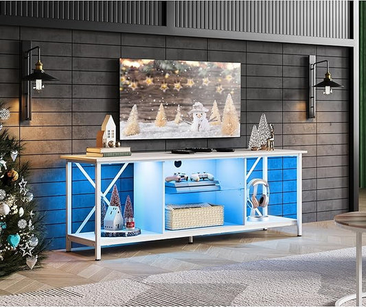WLIVE Industrial TV Stand with LED Lights for Up to 65" TVs, Waterproof & Scratch-Resistant, Adjustable Shelves, Modern Entertainment Center for Living Room, White