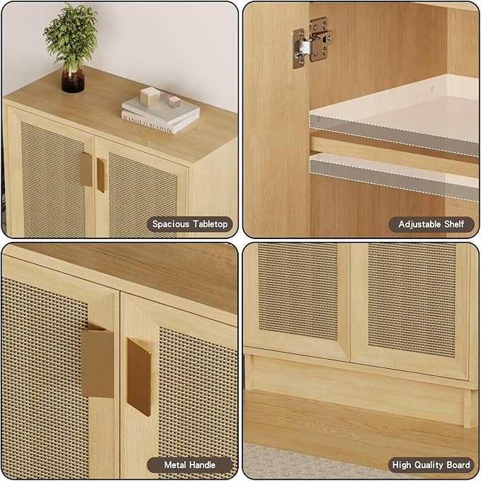 Sideboard Buffets Storage Cabinet, Boho Rattan Accent Cabinet with Doors, Farmhouse Buffet Table Console Table Coffee Bar for Entryway Kitchen Dining Room,Classic Rattan
