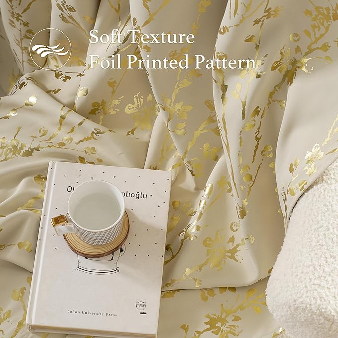 NICETOWN 100% Blackout Beige Curtains for Bedroom, Grommet Gold Foil Printed Floral Blackout Window Treatment Thermal Drapes for Living Room/Nursery, W52 x L63, 2 Panels
