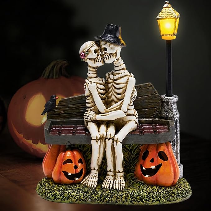 TERESA'S COLLECTIONS Halloween Decorations, Love Never Dies, Skeleton Decor, Couple Kissing Skeletons and Solar Light, 10", Waterproof Resin Halloween Decor, Skeleton Gifts Indoor/Outdoor