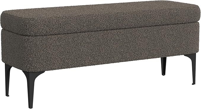 HomePop Upholstered Storage Bench with Metal Leg, 42" W, Dark Brown Boucle
