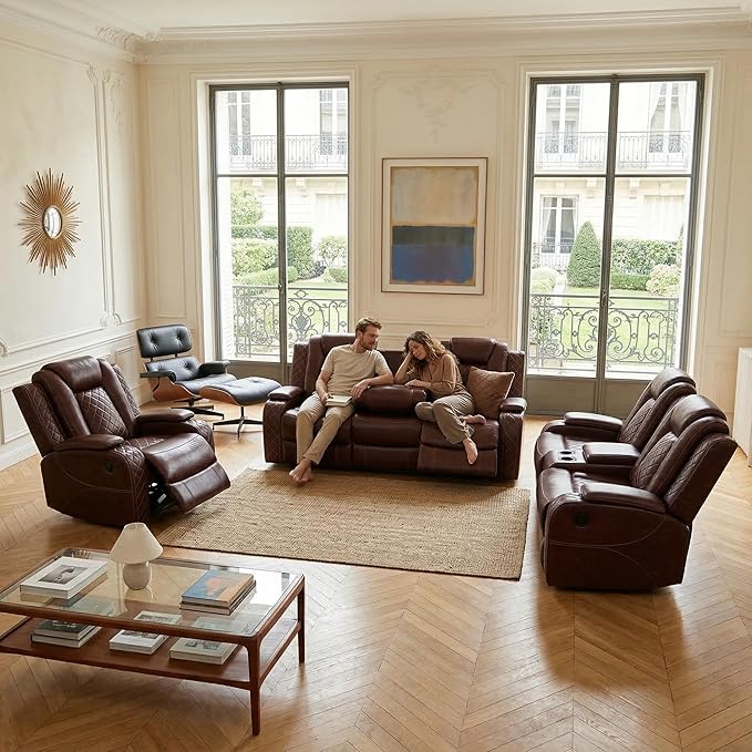 Power Recliner Loveseat and Chair, Air Leather Reclining Couch with LED/Cup Holders/Storage, 2 Pieces Reclining Living Room Furniture, Burgundy Leather Loveseat and Chair for House/Apartment/Office
