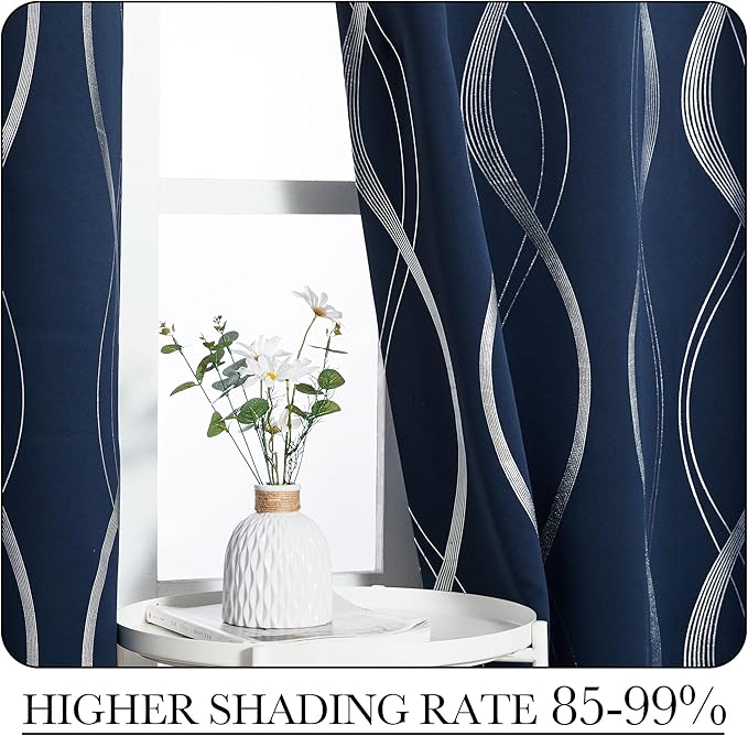 NICETOWN Blackout Curtain Panels 95 inches Long for Patio Door, Window Treatment Energy Saving Thermal Insulated Foil Printed Wave Lines Blackout Drapes for Living Room (Navy Blue, 1 Pair, 52" Wide)