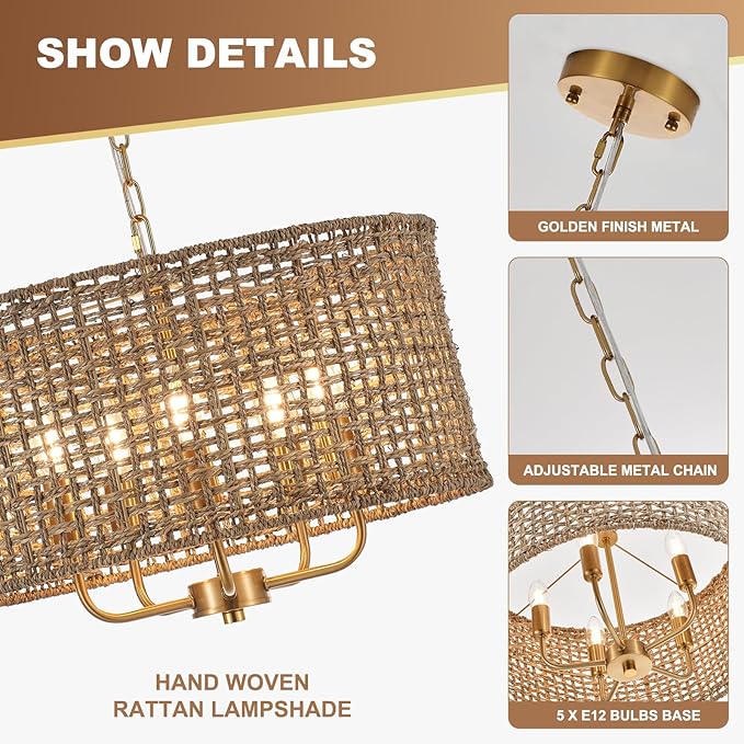 Boho Hand-Woven Rattan Chandelier Vintage Farmhouse Bamboo Golden Chandelier Modern 5-Lights Drum Wicker Gold Chandeliers for Dining Room, Kitchen, Living Room, Entryway, Bedroom, E12