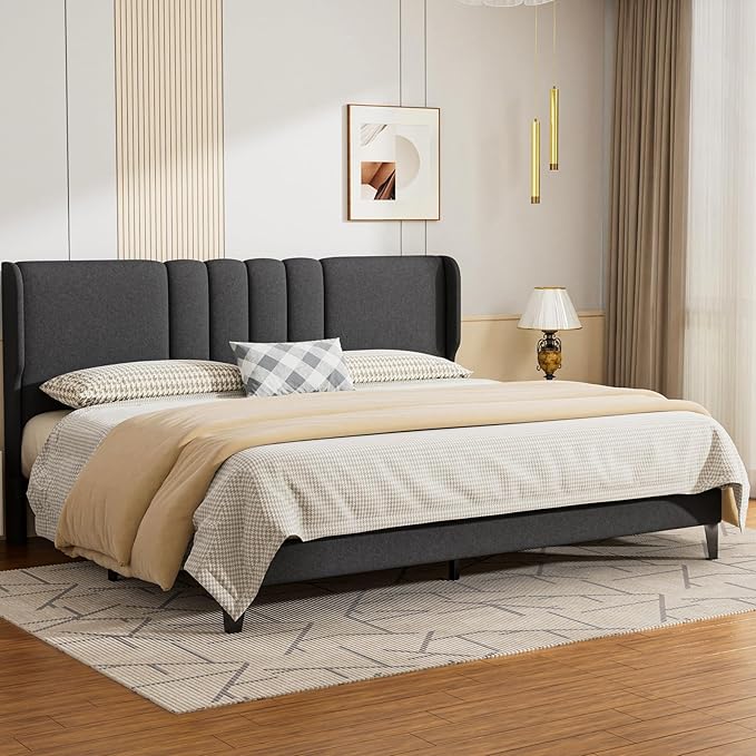 GTPLAYER King Size Bed Frame, Upholstered Platform Bed Frame with Tall Headboard Wingback, Soft Velvet Fabric, No Box Spring Needed, Easy Assembly, Dust Grey