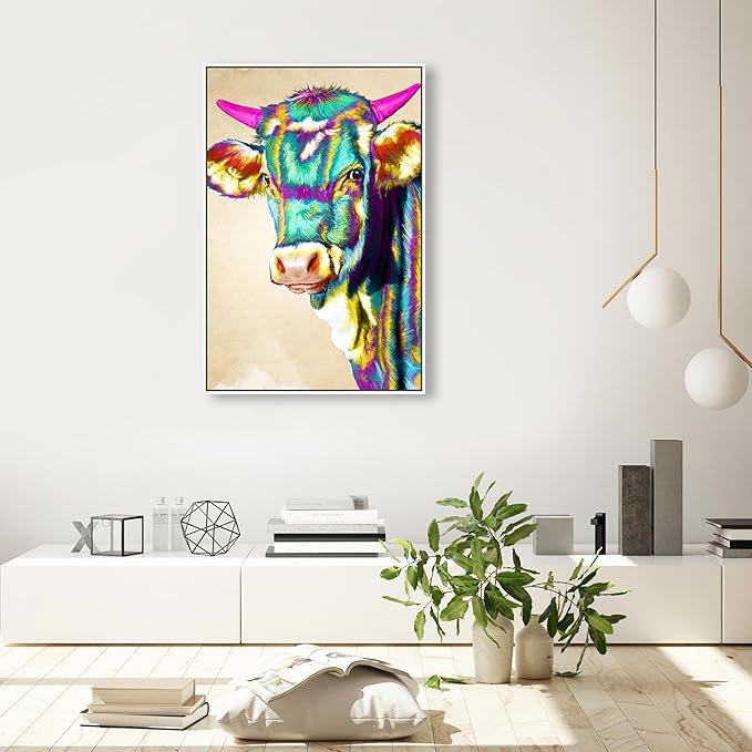 Country Farmhouse Canvas Print Painting Animal Wall Art 'Fun Colorful Glam Farm Cow' White Framed Canvas Rustic Home Décor 24x36 in Green, Pink by Oliver Gal