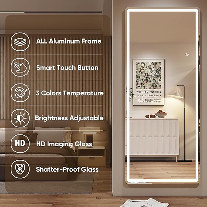 Antok LED Full Length Mirror with Light, 72"x44" Lighted Full Body Mirror with Stand, Dimmable & 3 Color Lighting Standing/Leaning/Wall Mounted Vanity Mirror for Bedroom Cloakroom Livingroom(Rect)