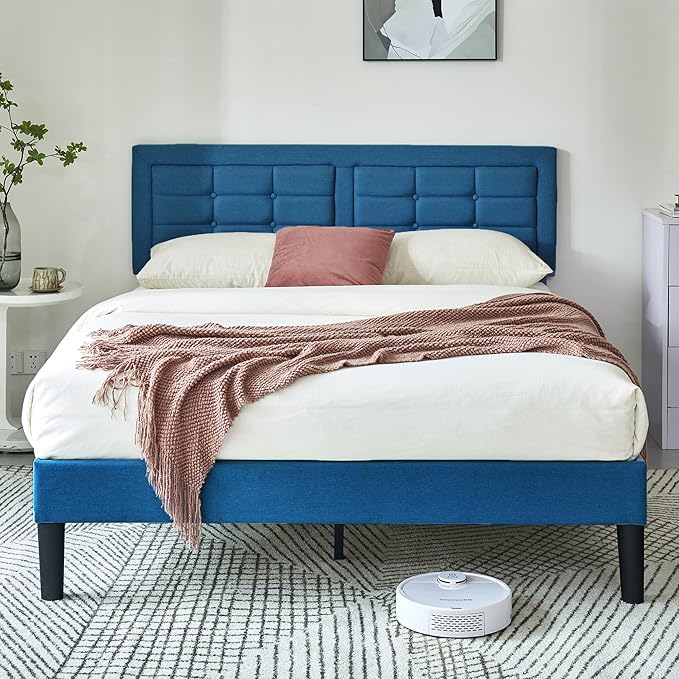 VECELO Full Size Bed Frame with Adjustable Headboard, Upholstered Button Tufted Platform Bedframe with Wood Slats Support, No Box Spring Needed, Aegean Blue