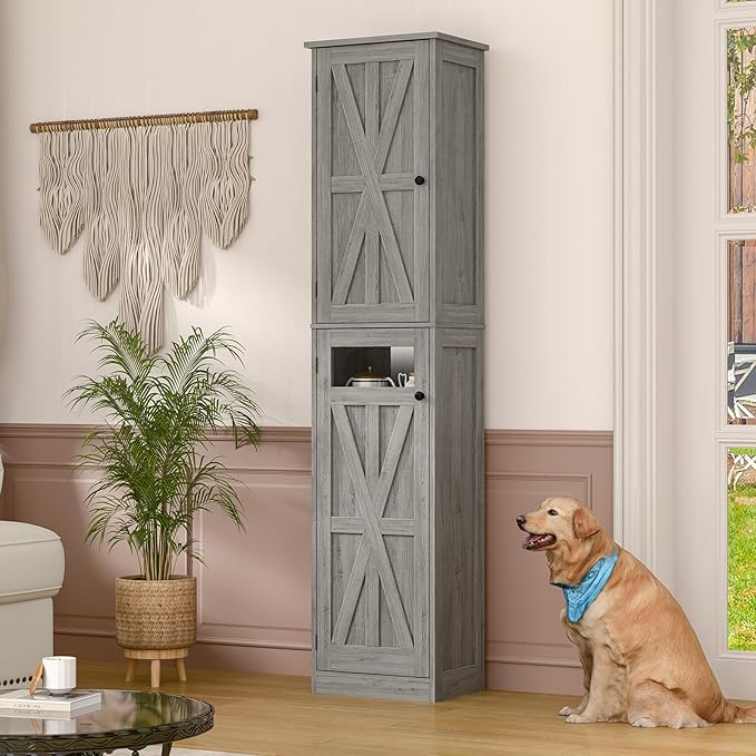 Vabches Tall Bathroom Cabinet, Slim Bathroom Storage Cabinet with Adjustable Shelves and 2 Doors, Narrow Floor Storage Cabinet for Bathrooms, Kitchen, Living Room, Rustic Grey