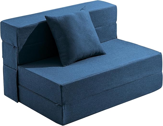 JKMAX Twin Size Folding Sofa Bed - 4 in 1 Foldable Couch with Pillow - High Density Memory Foam Sleeper Chair - Convertible Fold Out Bed with Washable Modern Linen Cover for Home Office (Blue)
